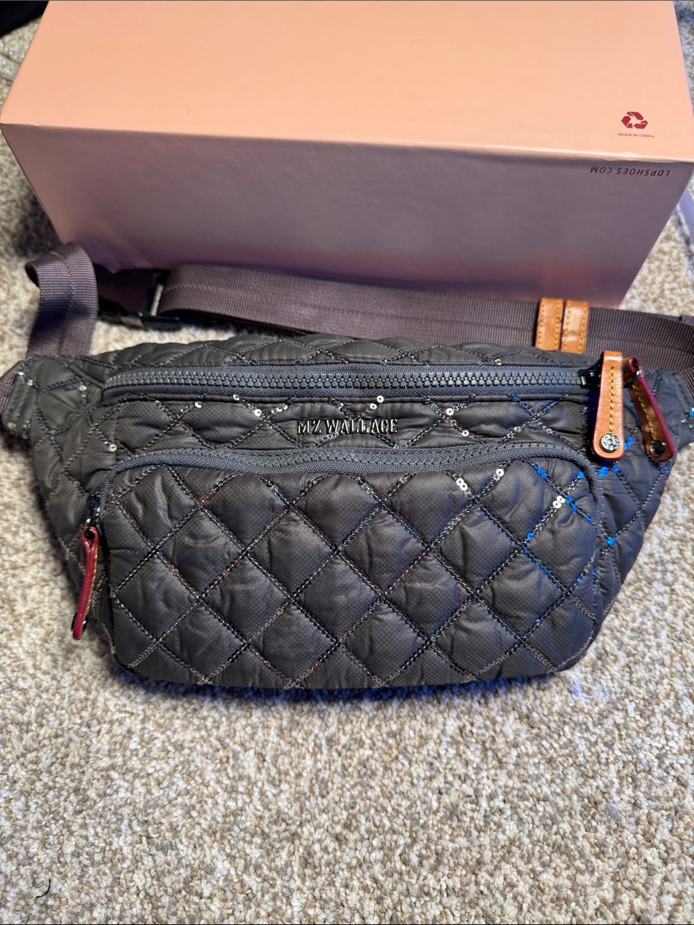 MZ Wallace Quilted Black Crossbody Belt Bag with Brown Trim